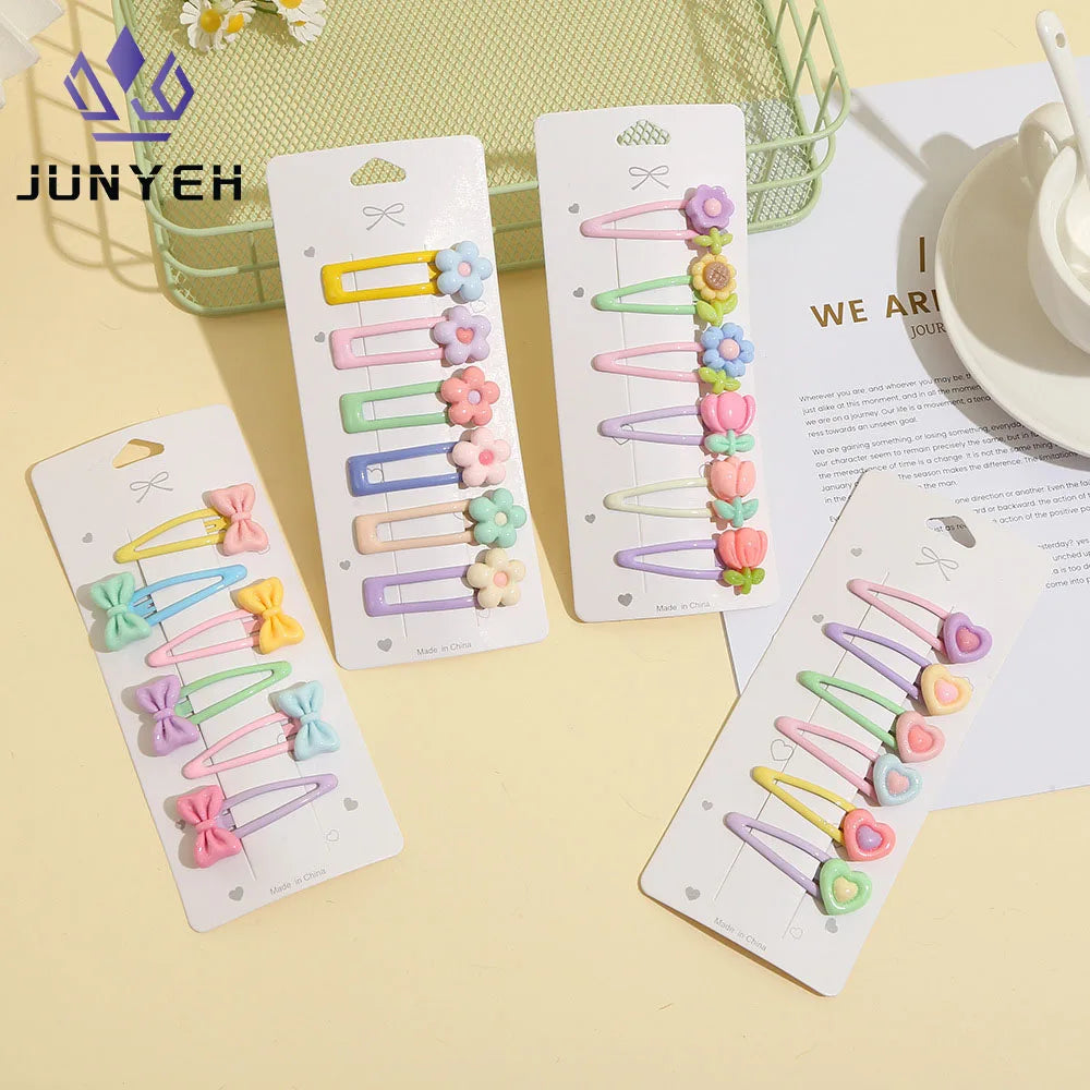 6Pcs/Set Candy Color Hair Clip Set Kids Girl Cartoon Tulip Bow Flower Bangs Clips Hair Pins Baby Cute Barrette Headdress