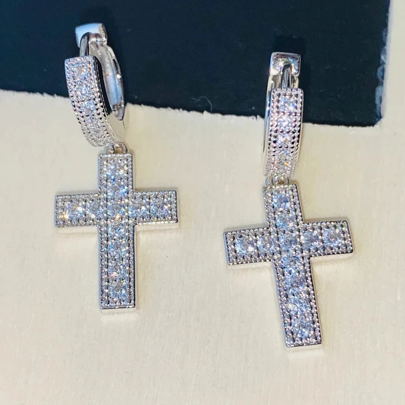 Huitan Dazzling Cross Pendant Earrings for Unisex Stylish Male Hiphop Accessories w additional angle