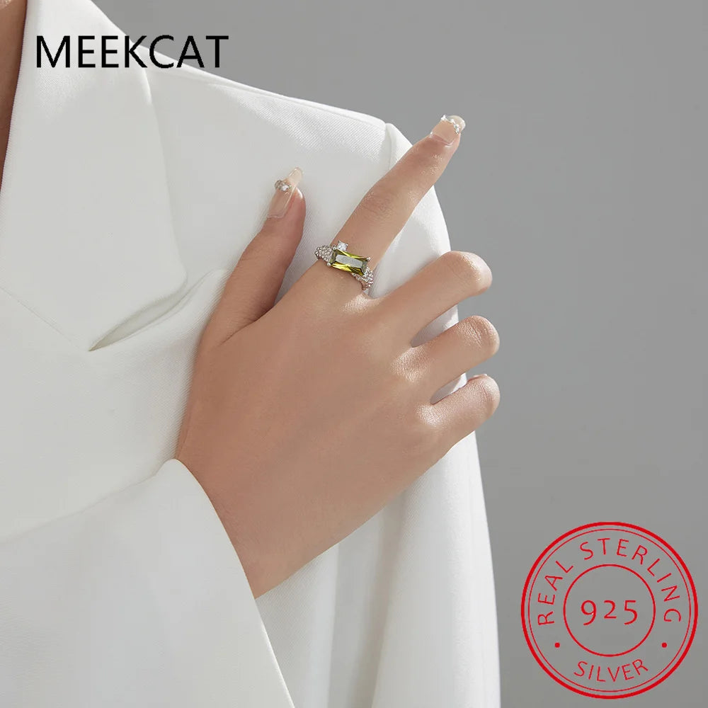 Emerald Cut Natural Green Peridot 925 Sterling Silver Irregular Texture Adjustable Ri alternate view