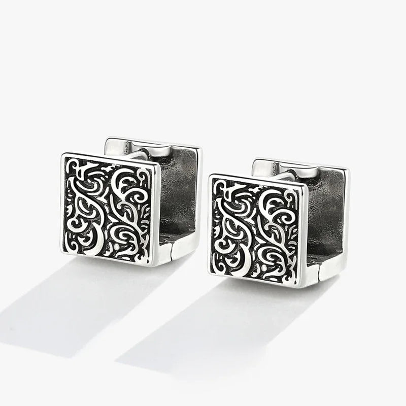 Vintage Ethnic Thai Silver Square Hoop Huggie Earrings for Women Men Chic Pattern Square Earring Hip Hop Rock Rap Cool Jewelry