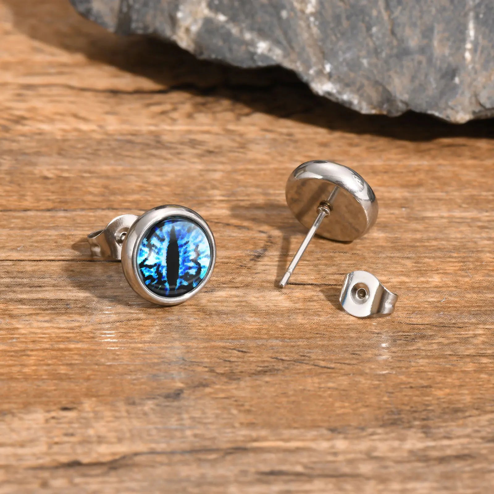 Blue Devil's Eye Stud Earrings for Men,Stainless Steel Glass Round Earrings,Enchanted Gothic Jewelry Gifts
