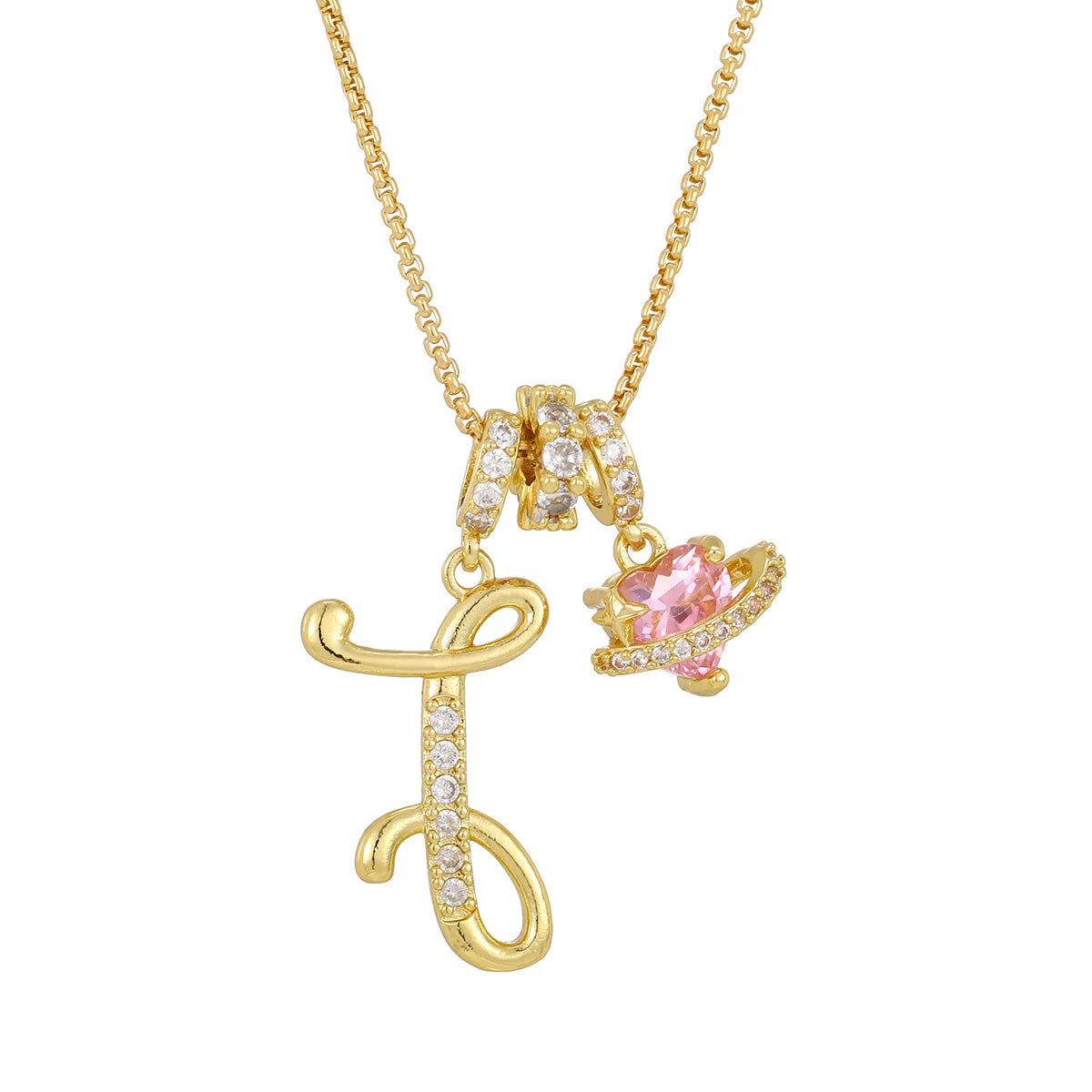 Fashion Letter Necklace for Women Pink Zircon Heart-shaped Pendant Suitable for Girls to detail view