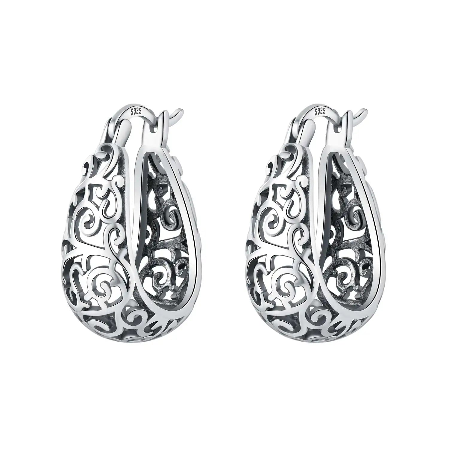 925 Sterling Silver Purple Flowers Plants Leaf Series Blue Iris Flower Earring Hoop Earr detail view