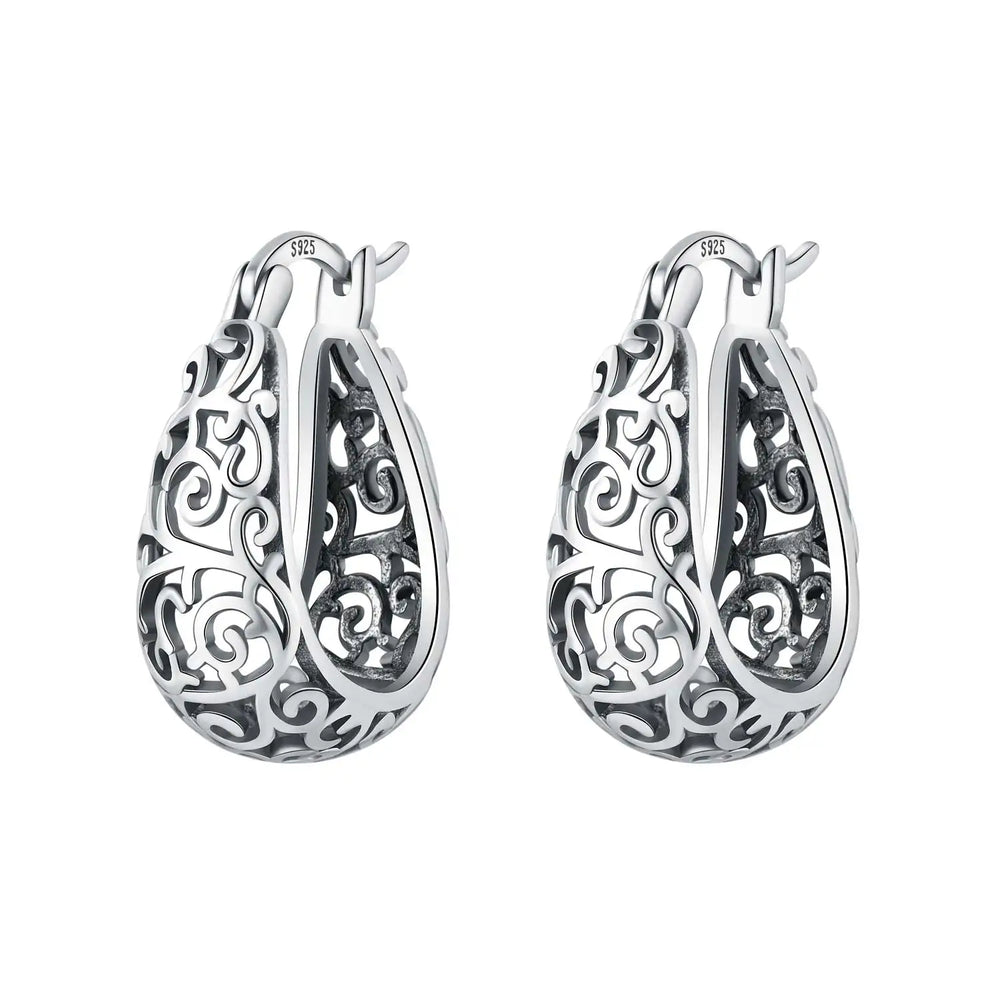 925 Sterling Silver Purple Flowers Plants Leaf Series Blue Iris Flower Earring Hoop Earr detail view