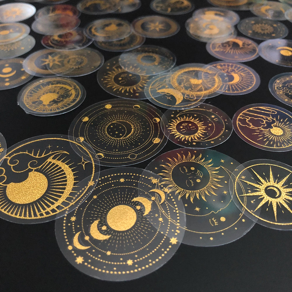 70 pcs Glitter Gold PET Adhesive Stickers | Waterproof Transparent Label Set close-up view