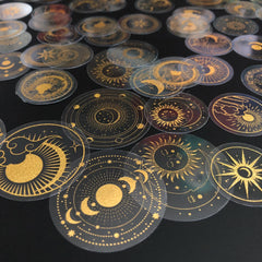 70 pcs Glitter Gold PET Adhesive Stickers | Waterproof Transparent Label Set close-up view