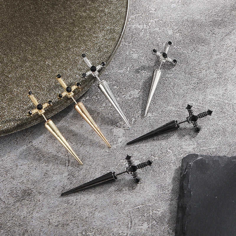 Gothic Kinitial Sword Earrings Vintage Cool Punk Crystal Ear Jacket Goth Dagger Earri alternate view