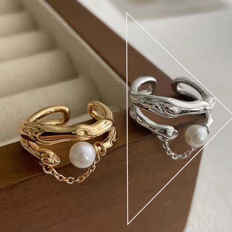 PANJBJ 925 Sterling Silver Pearl Irregular Ring for Women Shell Overlapping Hollow Swe close-up view