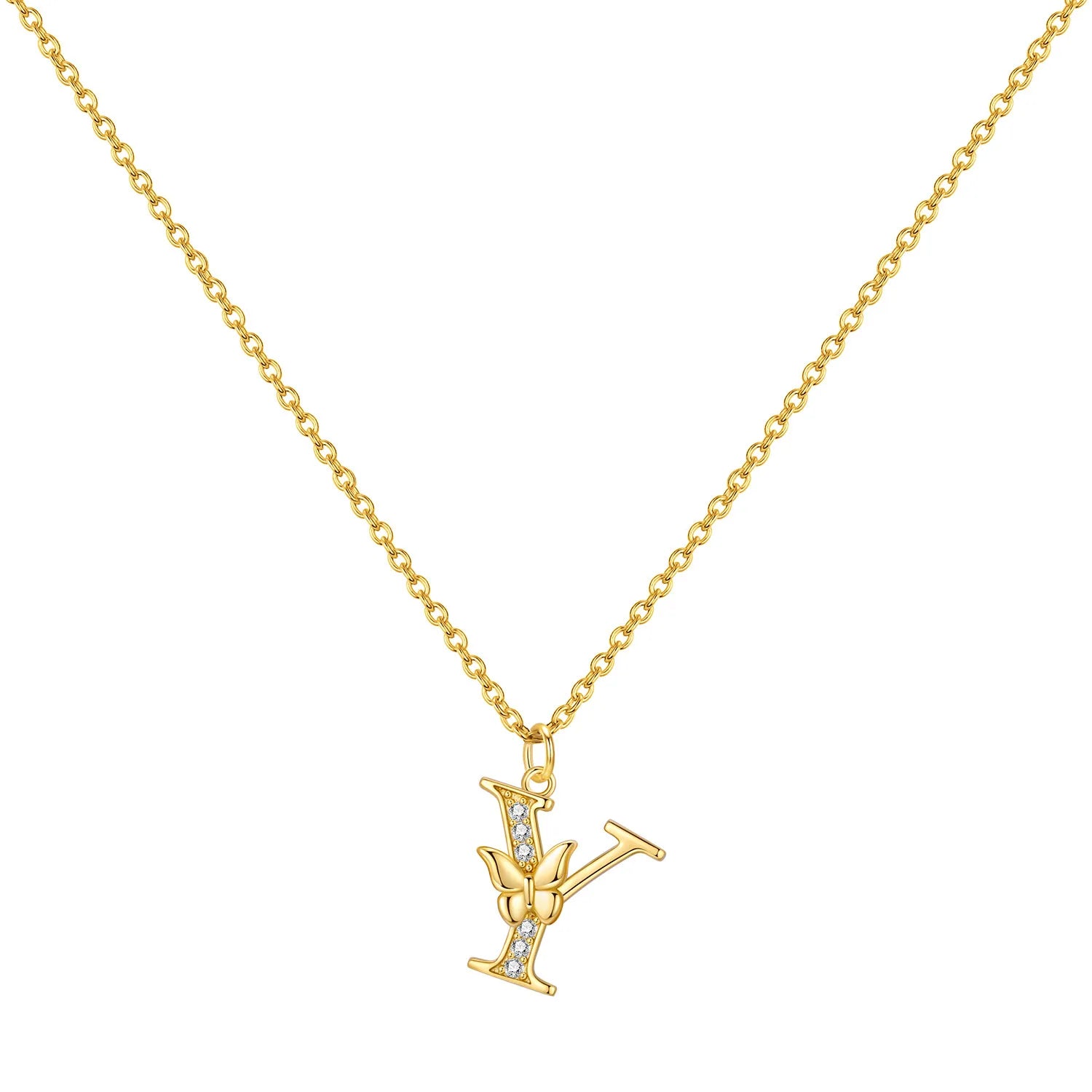 925 Sterling Silver Butterfly Initial Necklace | 26 Letter Y-Shaped Pendant for Women detail view