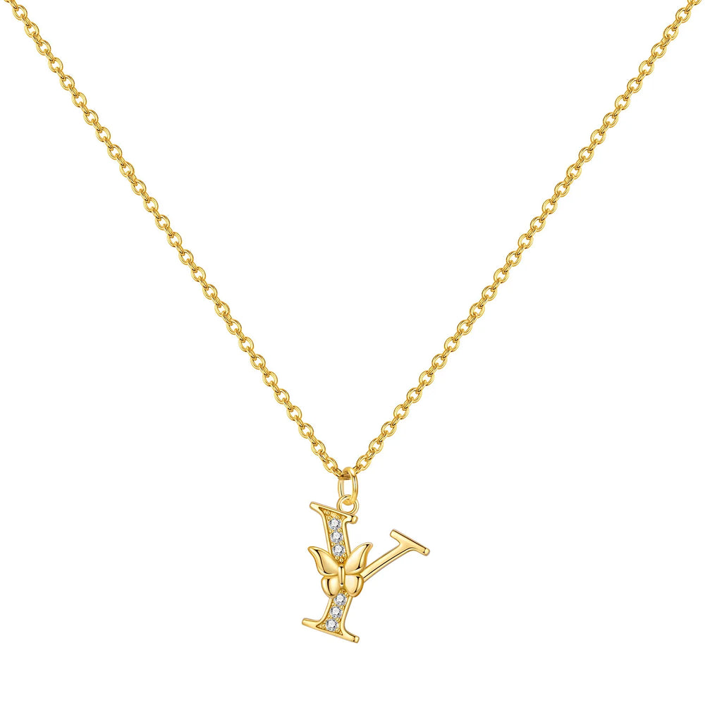925 Sterling Silver Butterfly Initial Necklace | 26 Letter Y-Shaped Pendant for Women detail view