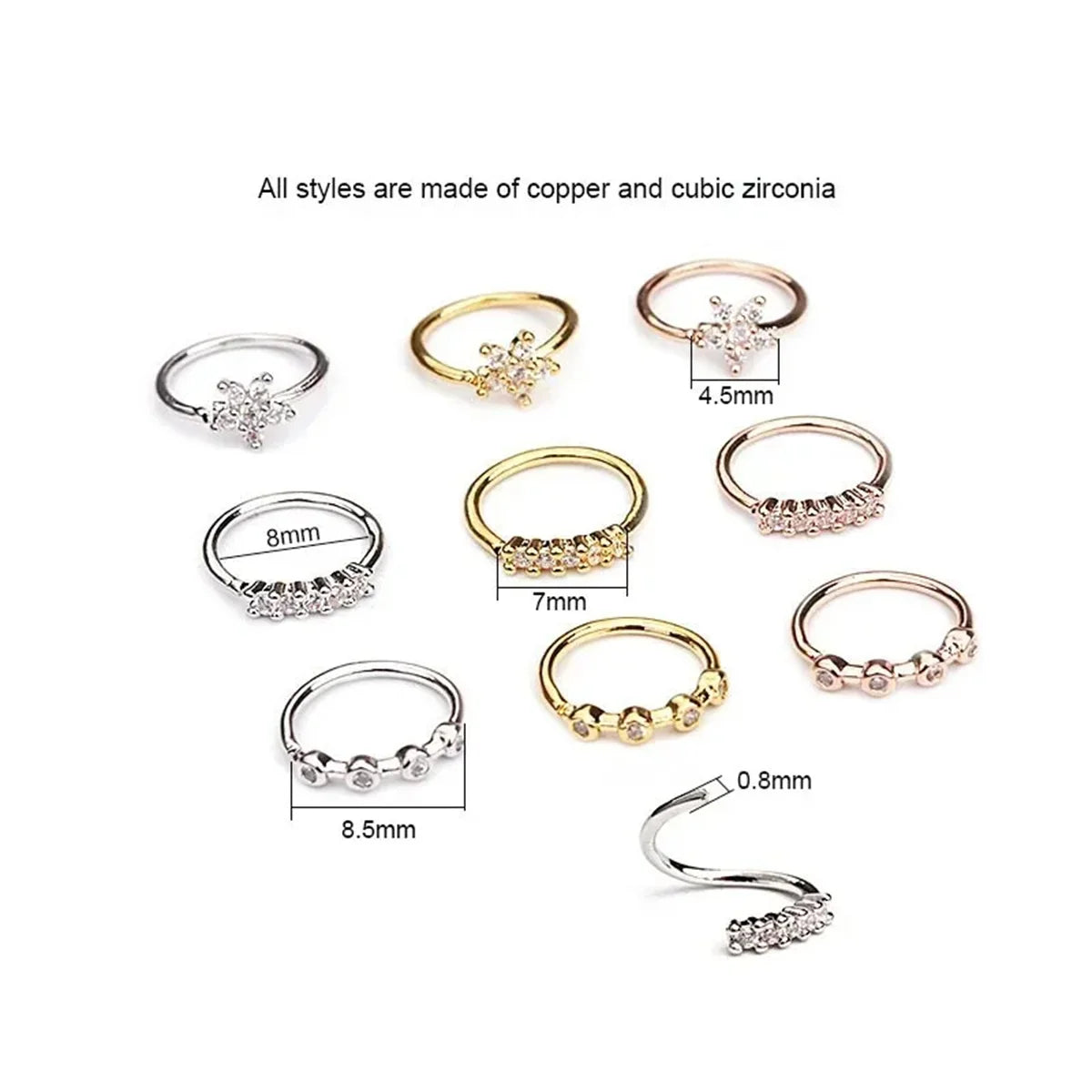 EVISPOL 3Pcs Fashion Zirconia Nose Rings for Women Adjustable Flower Hoop Rings Tragus close-up view
