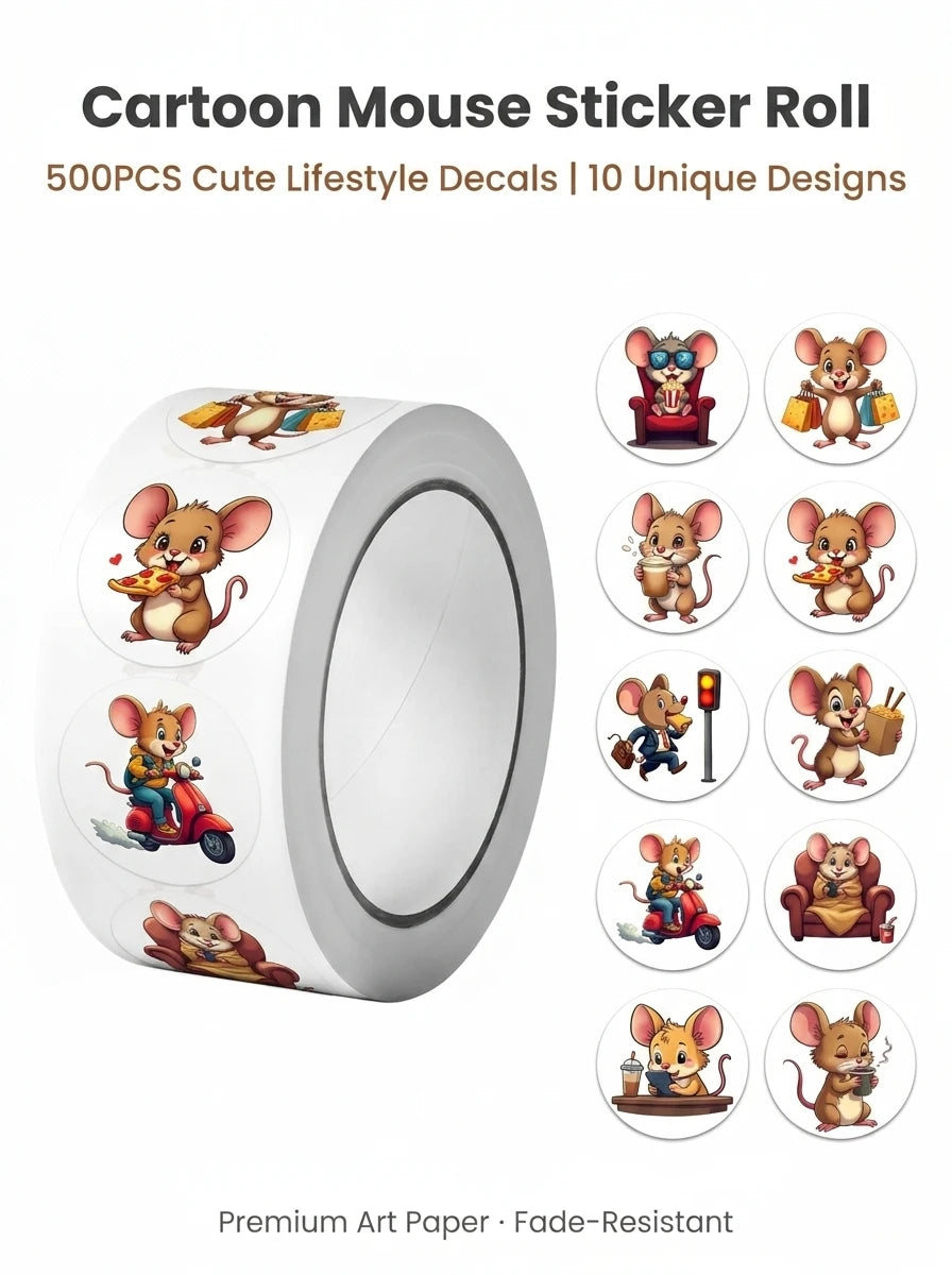 1Roll(500Pcs) Cute City Mouse Happy Life Stickers 2.5cm/1.0" 10 Designs Packaging Home Decor Seal La