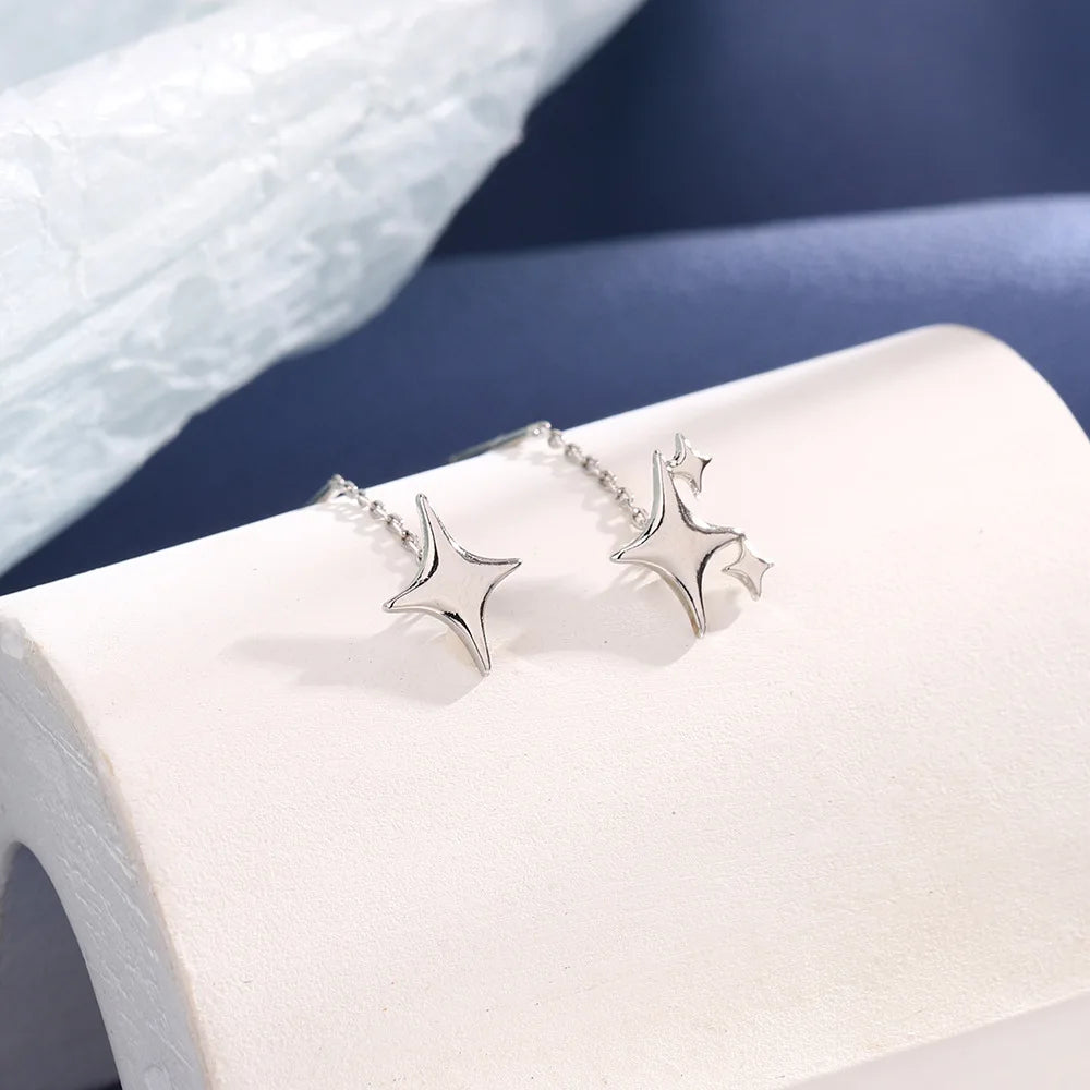 Ventfille 925 Sterling Silver Star Earring for Women Girl Simple Tassels Chain Fashion close-up view