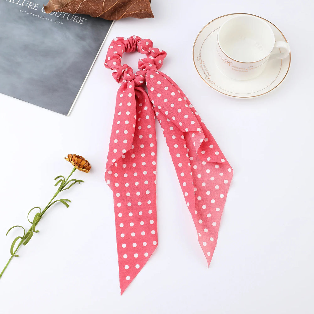 Fashion Flower Print Bow Satin Long Ribbon Ponytail Scarf Tie Scrunchies Women Girls E close-up view