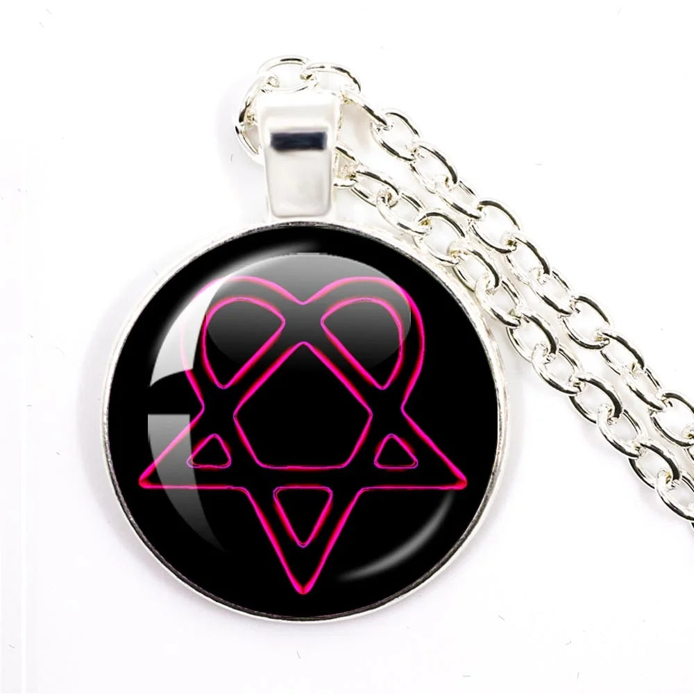 Hip Hop Rock Music Band Him Heartagram Glass Cabochon Pendant Star Heart Patten Necklace Chain Charm Necklace Jewelry Gift