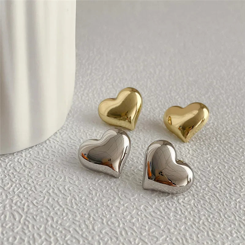 Gold Color Smooth Surface Love Heart Shaped Stud Earrings Women Minimalist Fashion Girl detail view