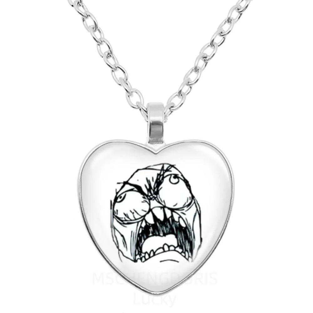 Rage Comic Necklace Derp Face Trollface Funny Meme Cartoon Glass Heart Shape Pendant Cha detail view