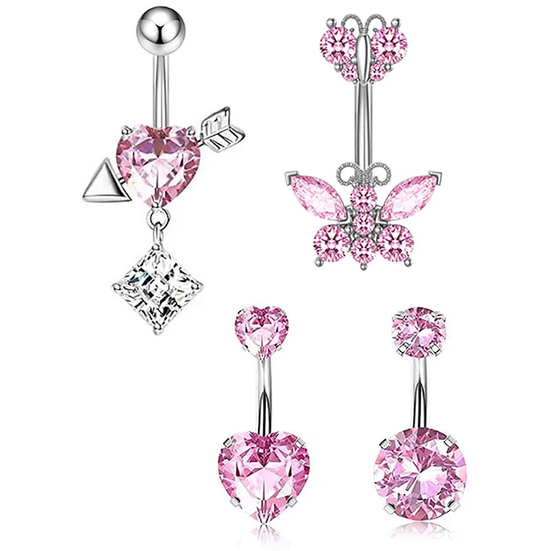 Stainless Steel Butterfly Belly Button Ring High Quality Pink Rhinestone Love Navel additional angle