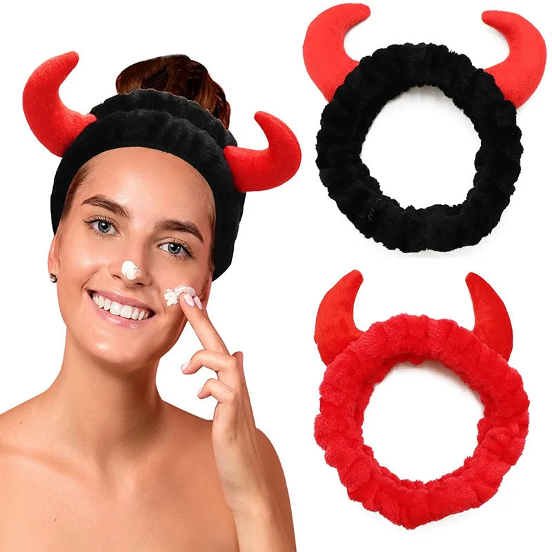Plush Headband Women Girls Cute Red Horns Soft Elastic Hairband Wash Face Sport Velvet Hair Band Par