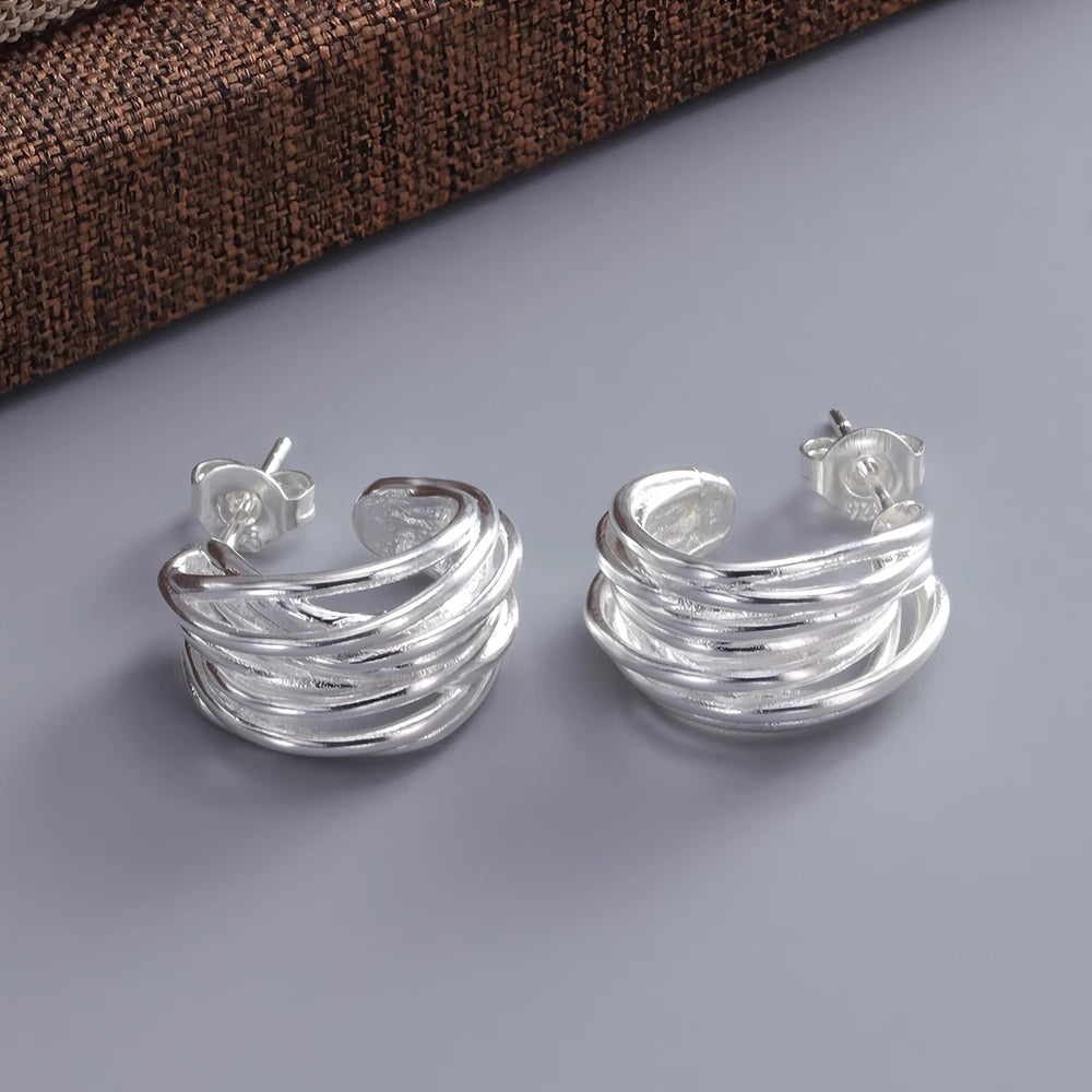 PANJBJ925 Sterling Silver Frosting Hoop Earrings For Women Texture Geometry Design Trend Fashion Jewelry Gift