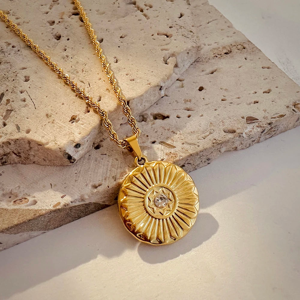 Vintage Gold Pendant Necklace | Hammered Moon Star Stainless Steel Jewelry additional angle