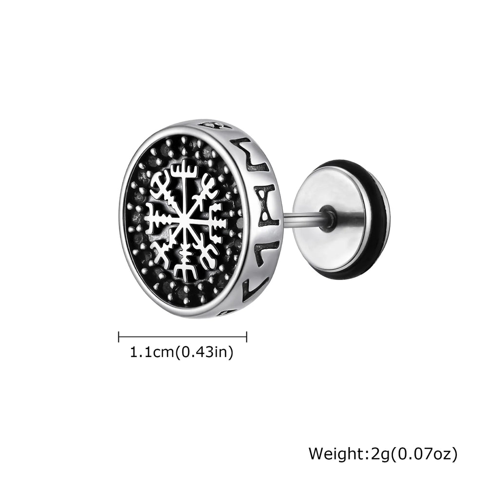 Vintage Gothic Norse Viking Stud Earrings for Men Boys, Rock Punk Runes Round Earri additional angle