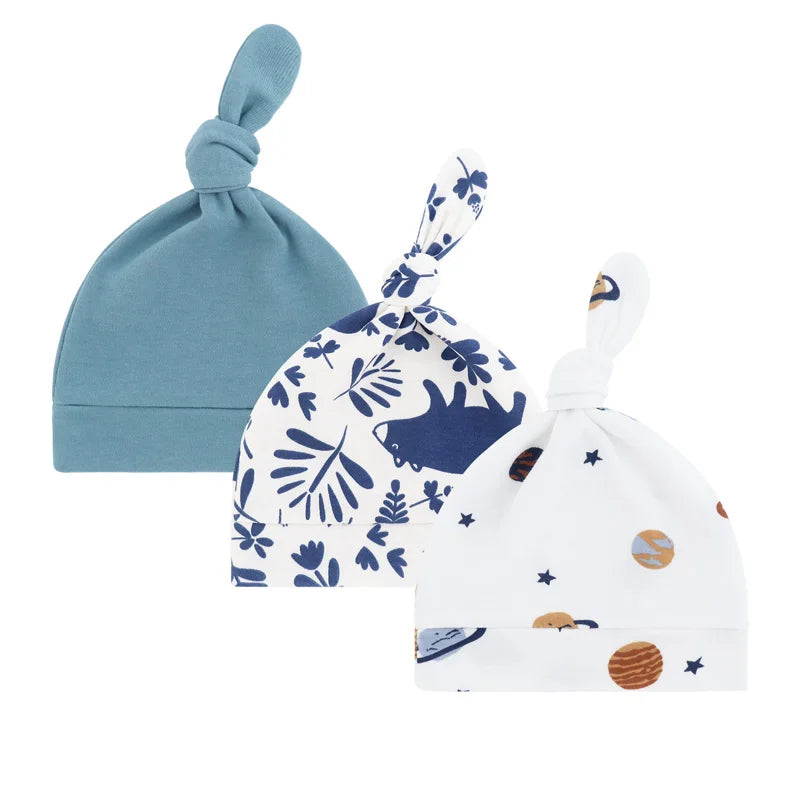 3Pcs Newborn Cotton Baby Beanie Hat Set | Cute Cartoon Infant Caps for 0-6 Months close-up view