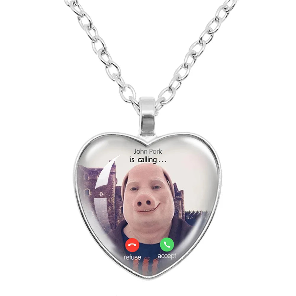 John Pork is Calling Answer Call Phone Humor Funny Pig Lover Graphic Glass Cabochon Heart-Shape Pendant Necklace Jewelry Gift