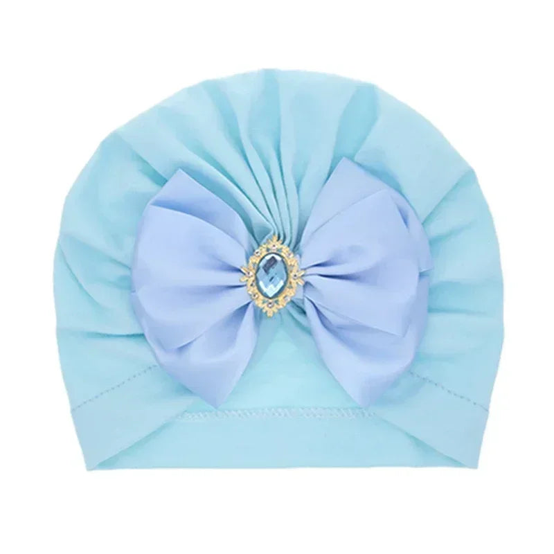 Baby Girl Bowknot Turban Hat with Rhinestone | Soft Knit Headwear for Infants close-up view