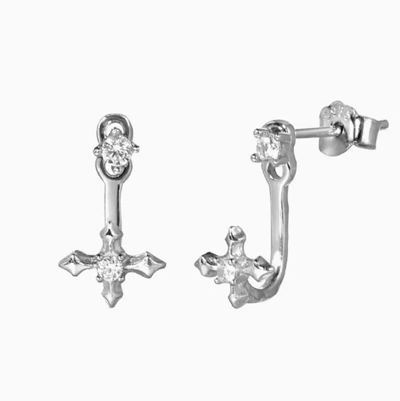 Luxury Silver Color Zircon Cross Stud Earrings for Women Men New Fashion Metal Shiny alternate view
