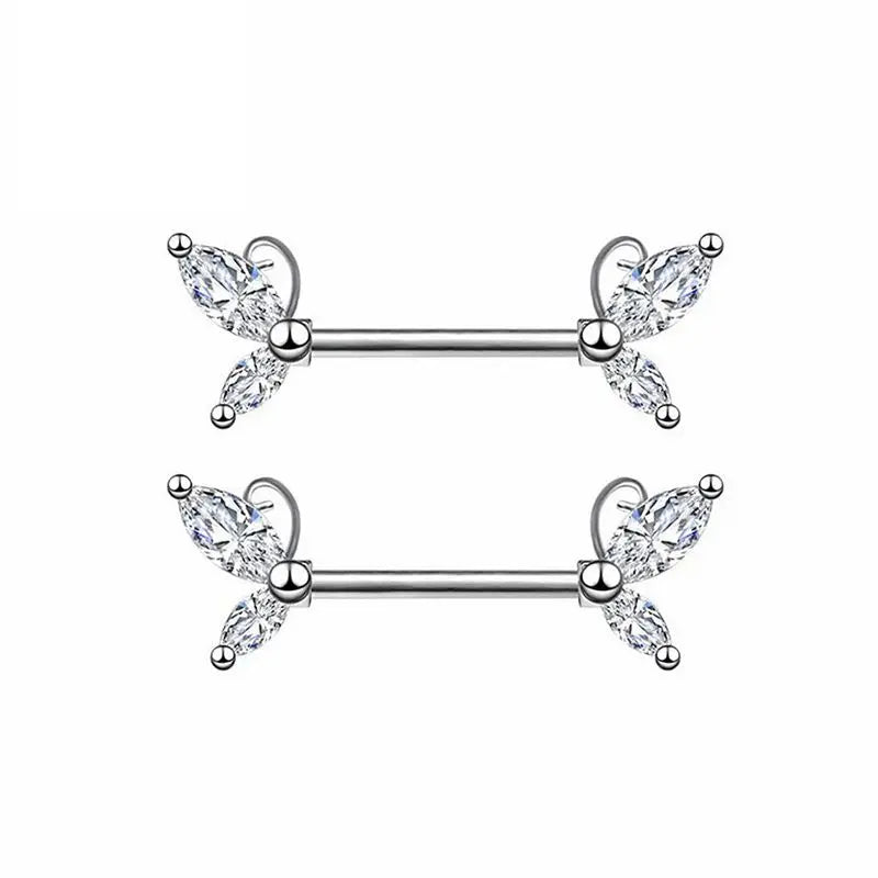 2pc Bohemia Silver Color Zircon Butterfly Nipple Rings G23 Titanium Straight Rod Boys alternate view