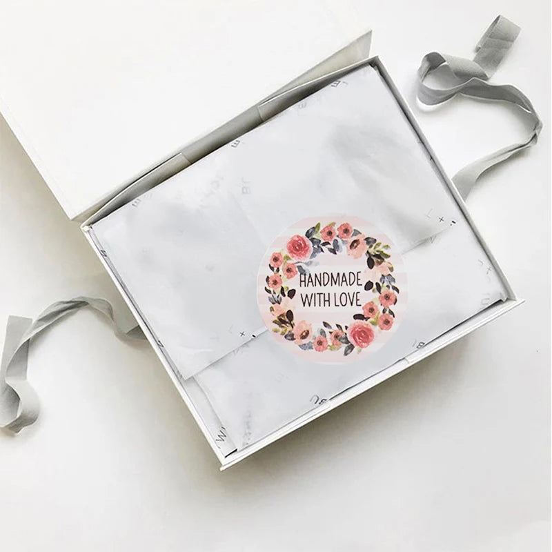 100-500 Flower Thank You Stickers for Small Business Packaging | Handmade Love Labels close-up view