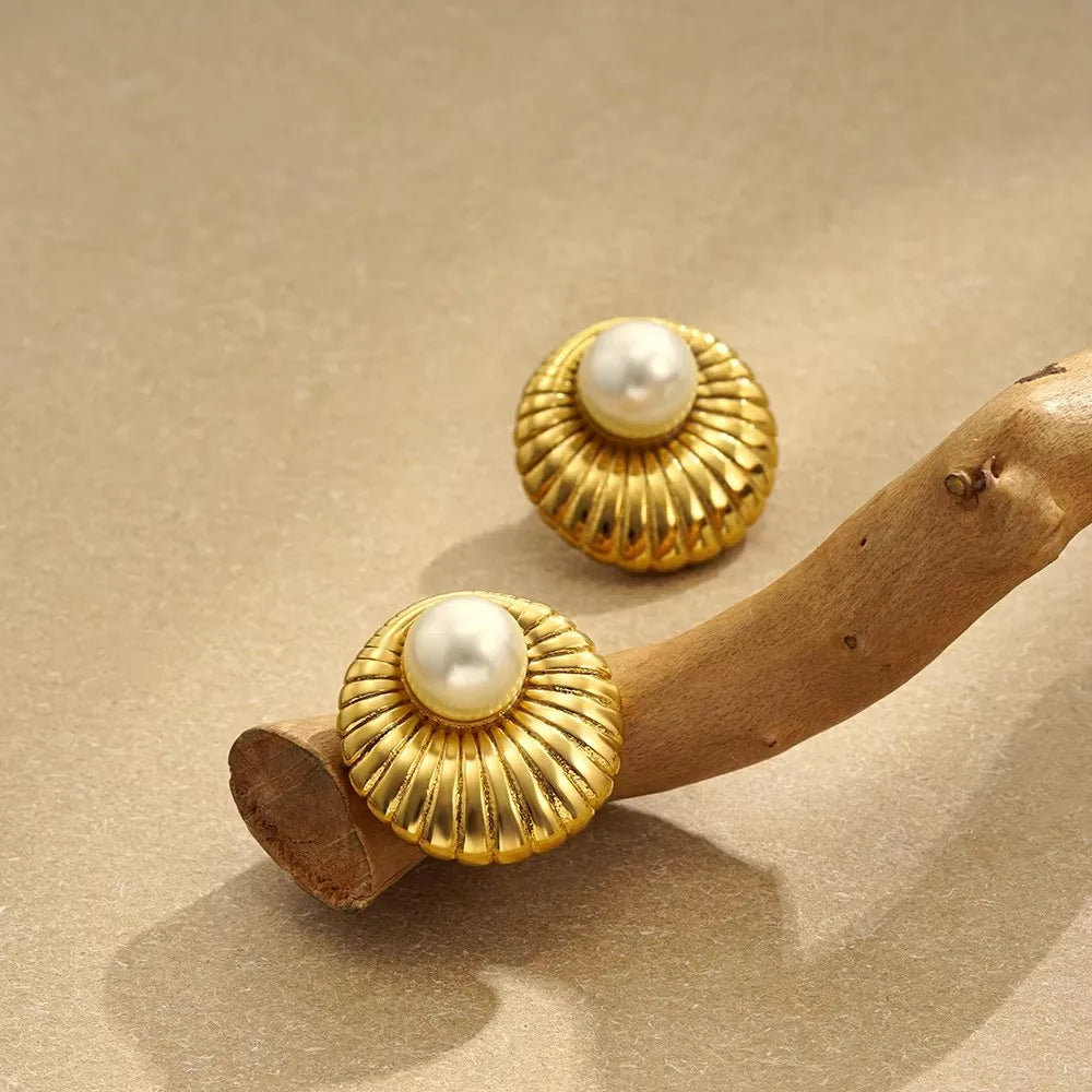 Vintage Gold Snail Shell Drop Earrings | CZ Zircon Beach Jewelry for Women detail view