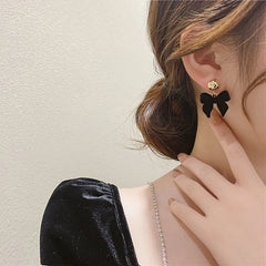 Vintage Black Flocking Bowknot Earrings | Geometric Drop Earrings for Women alternate view