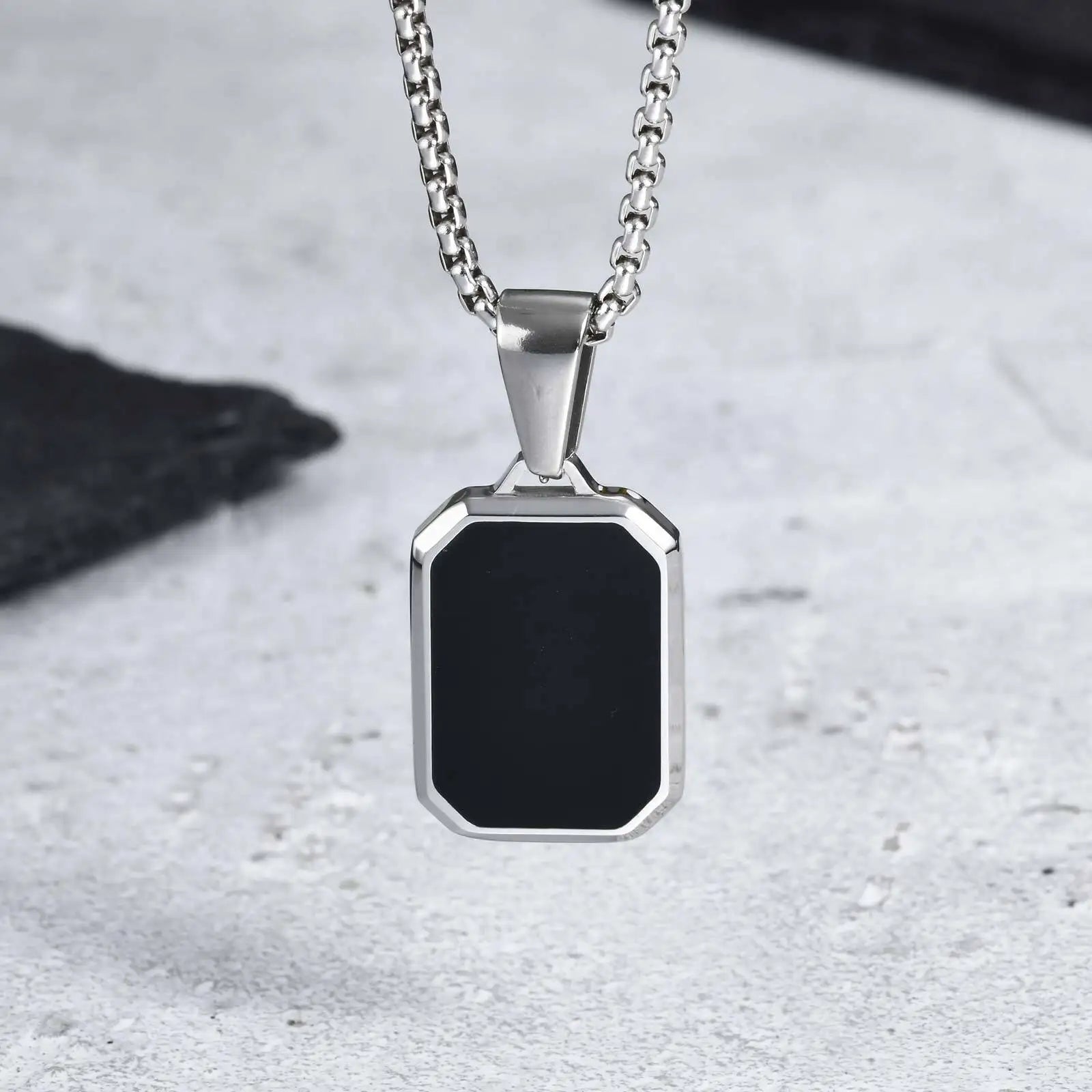 Men's Geometric Square Necklace | Black Enamel Rectangle Pendant with Rope Chain lifestyle view