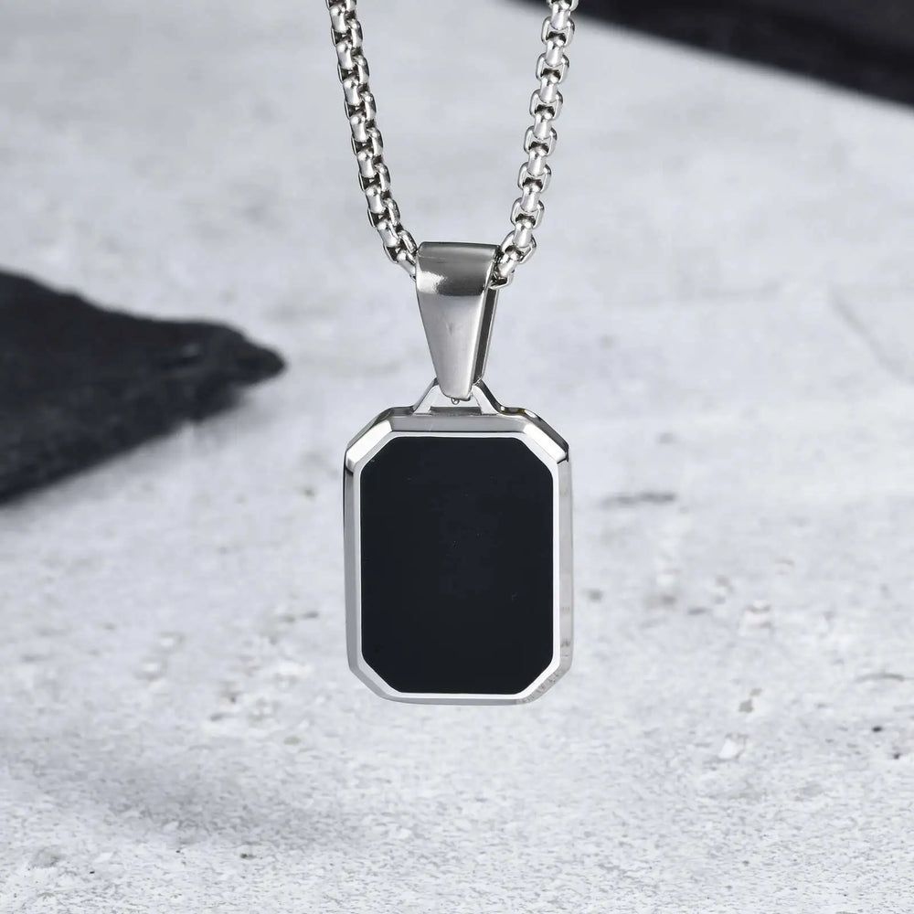 Men's Geometric Square Necklace | Black Enamel Rectangle Pendant with Rope Chain lifestyle view