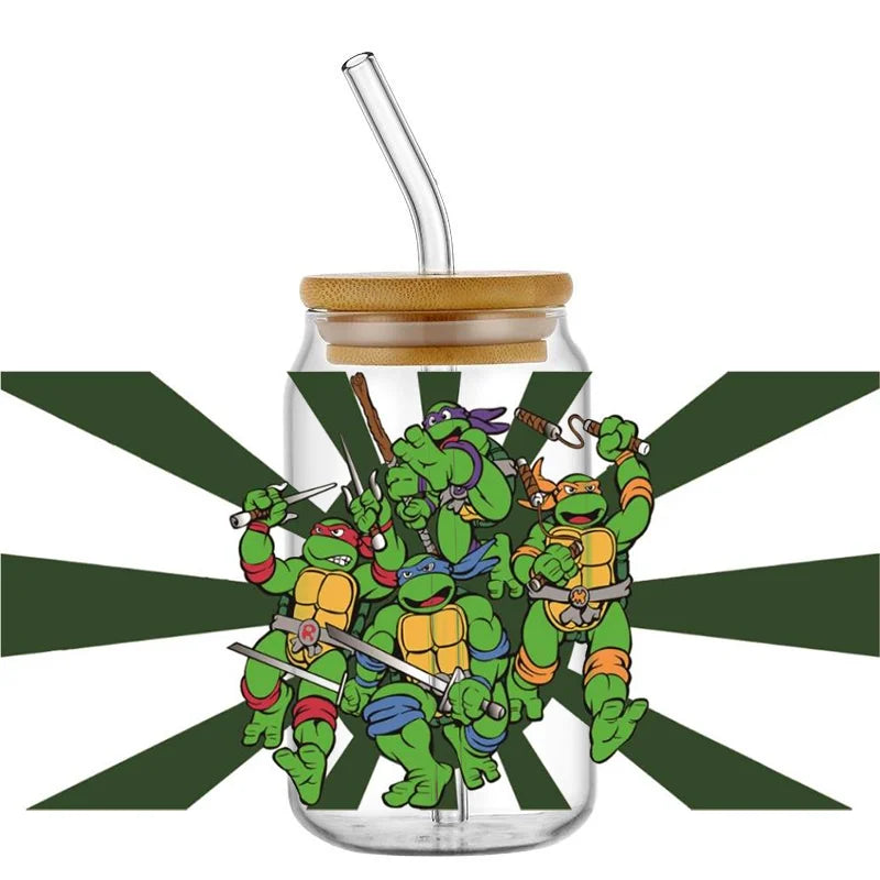 Cartoon Turtle Decal Stickers | Waterproof UV DTF Wrap for 16oz Libbey Glass lifestyle view