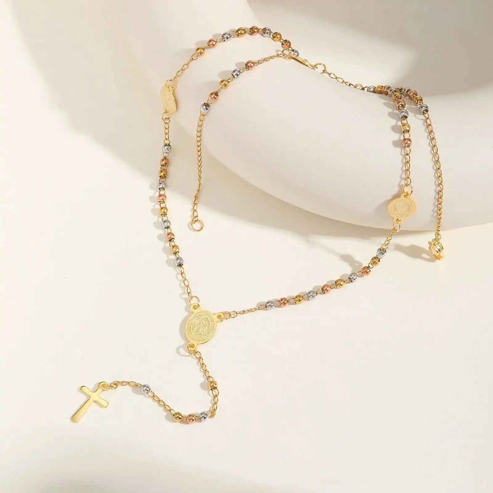 Prjewel Stainless Steel Three-Color Beaded Cross Pendant Y-Necklace | Faith-Inspired F close-up view