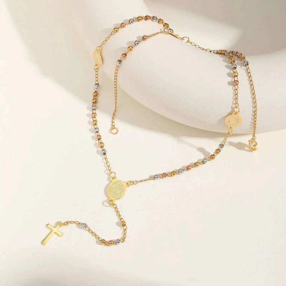 Prjewel Stainless Steel Three-Color Beaded Cross Pendant Y-Necklace | Faith-Inspired F close-up view