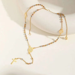 Prjewel Stainless Steel Three-Color Beaded Cross Pendant Y-Necklace | Faith-Inspired F close-up view