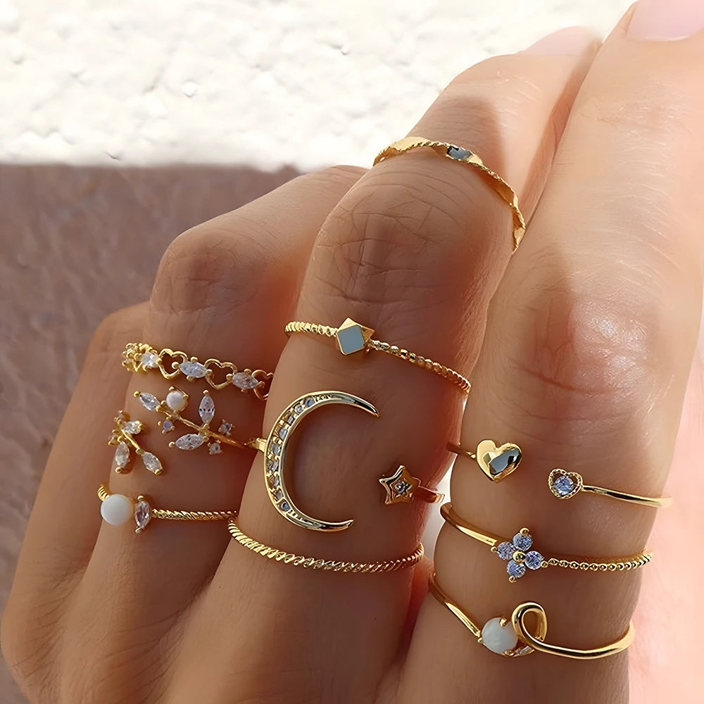 10Pcs Rings Suit For Women Gold-color Chain Ring Set Bohemian Style Coin Snake Moon Star Party Leave