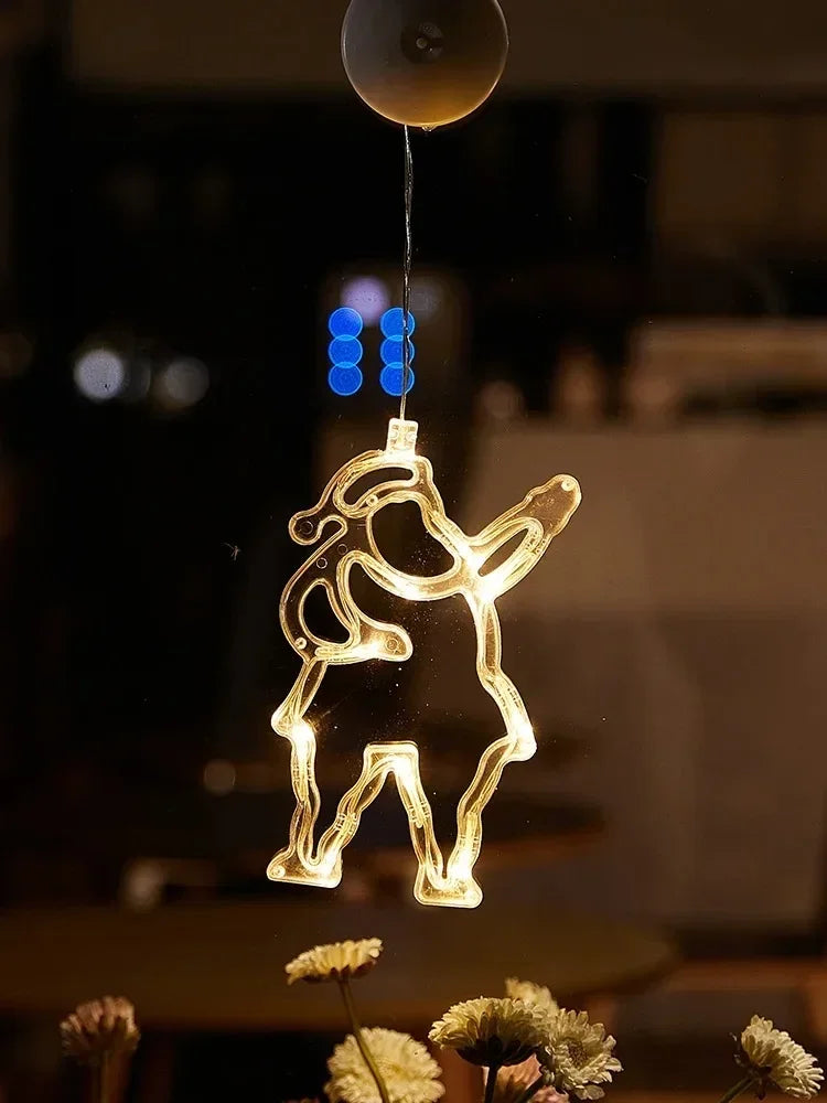 Christmas Window Decor LED Lights | Snowflake Tree Star Deer Sucker Lights for Xmas close-up view