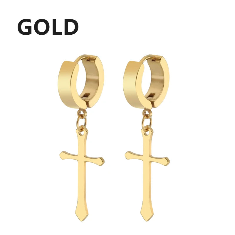 2pc Stainless Steel Men Cross Stars Punk Dangle Earrings Gothic Woman Cross Ear Hoop alternate view