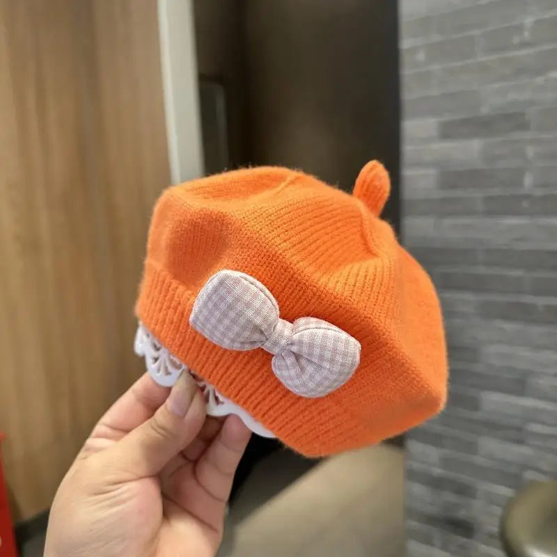 Kids Knitted Beret with Bow | Winter Hat for Baby Girls and Toddlers additional angle