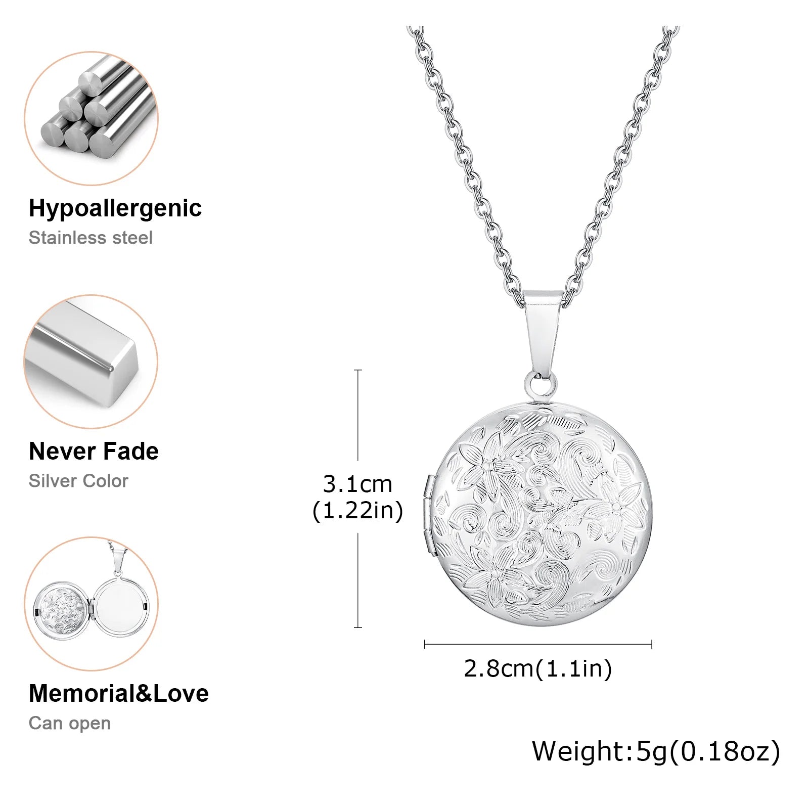 Vnox Light Heart Locket Pendants for Women Men Openable Photo Frame Glossy Stainless alternate view