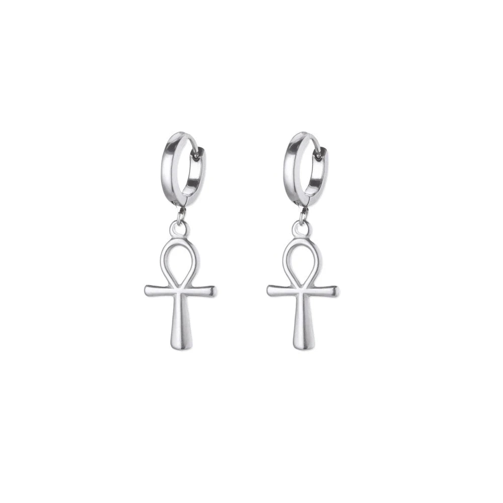 18K Gold Plated Portrait Coin Earrings | Stainless Steel Jesus Cross Dangle Huggie Earri detail view