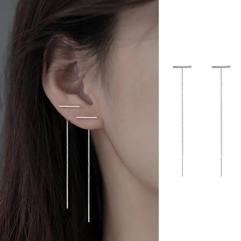 JWER S925 Silver Needle Star Line Earring for Women Tassel Drop Earring Long Chain Beads detail view