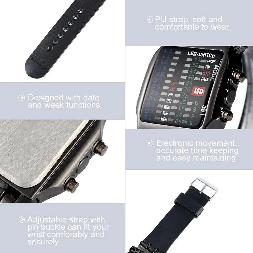 Binary Led Watch Creative Waterproof Business Electronic Watch Mens Trend Luminous Gift detail view