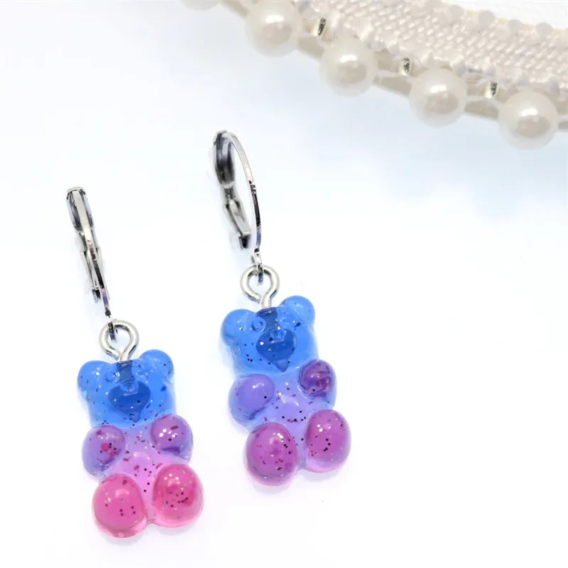 Gradient Bear Dangle Earrings | Cute Sequins Hoop Earrings for Women close-up view