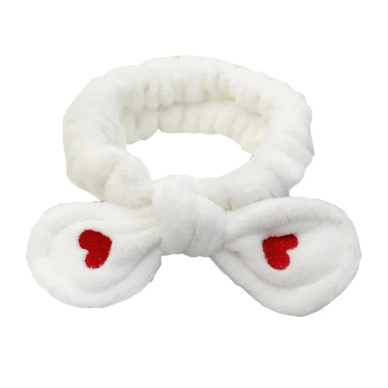 Cute Red Horns Elastic Hairbands for Women Wash Face Sport Soft Plush Rabbit Ears Headba detail view